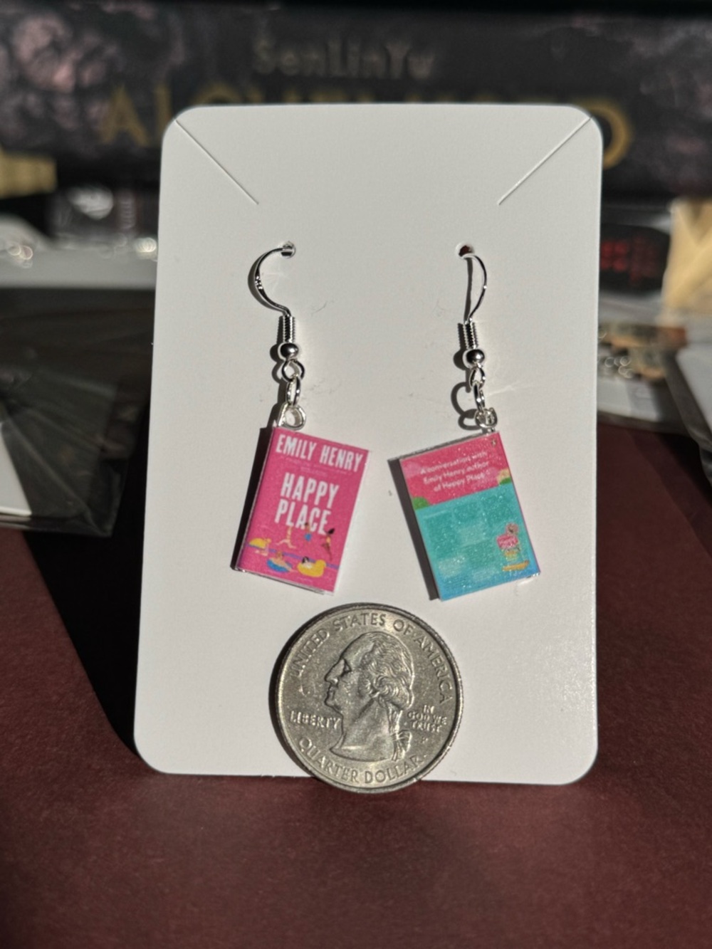 Emily Henry "Happy Place" Book Earrings in Pink - Picture 3 of 5